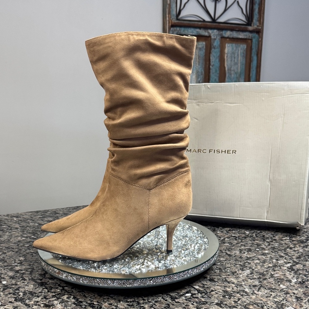 Marc Fisher Tan Suede Slouchy Pointed-Toe Stiletto Boots